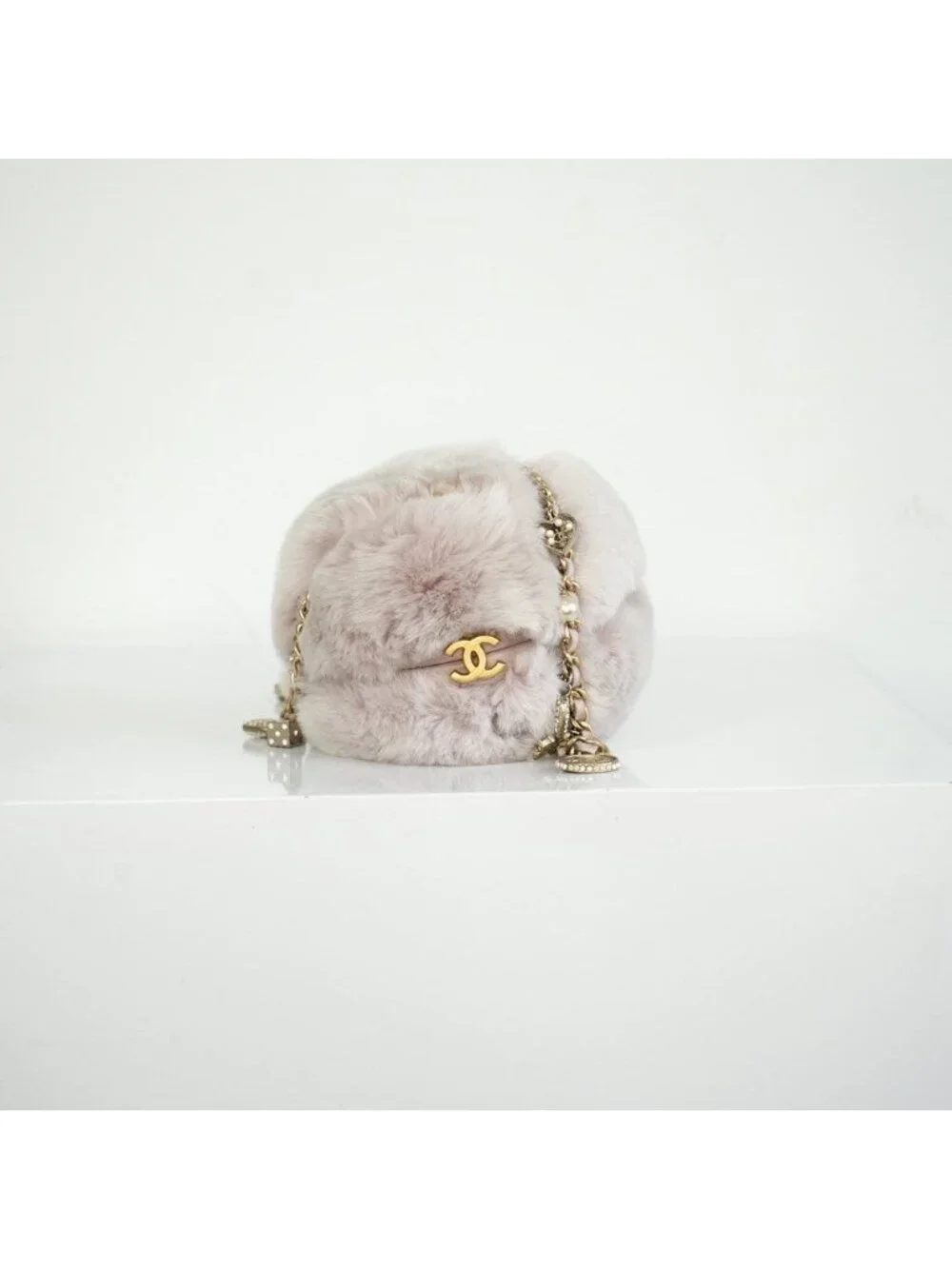Chanel Purple Rabbit Fur Round Clutch W/Chain and Dust Bag